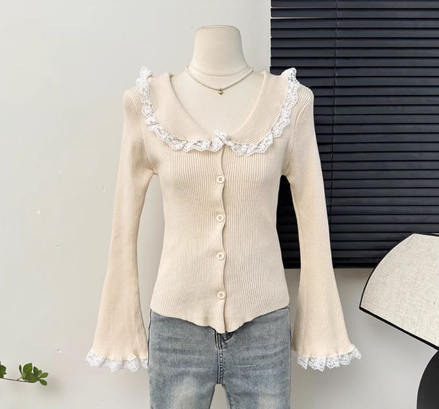 Collar Lace Trim Ribbed Knit Long-Sleeve Top