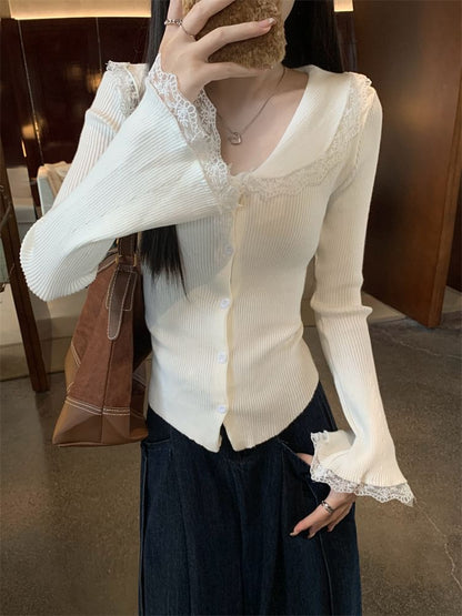 Collar Lace Trim Ribbed Knit Long-Sleeve Top