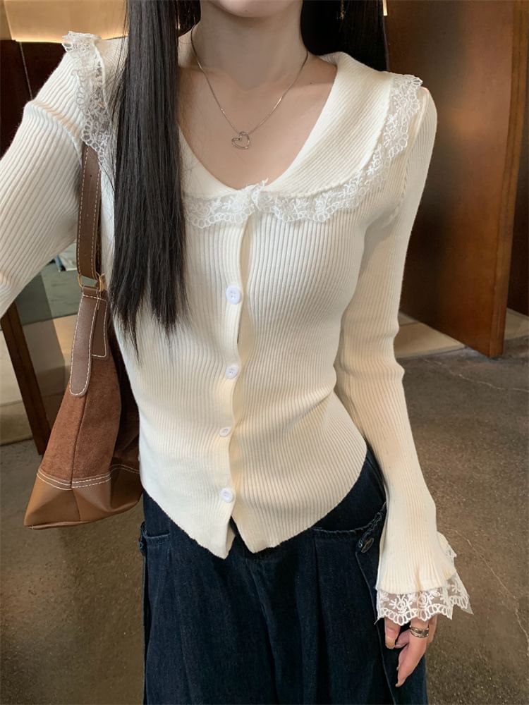 Collar Lace Trim Ribbed Knit Long-Sleeve Top