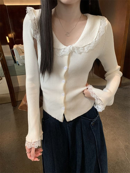 Collar Lace Trim Ribbed Knit Long-Sleeve Top