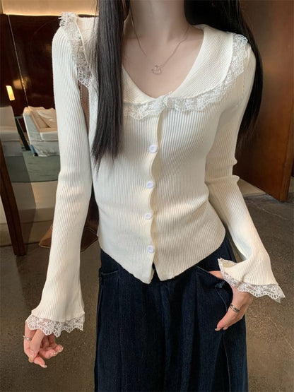 Collar Lace Trim Ribbed Knit Long-Sleeve Top