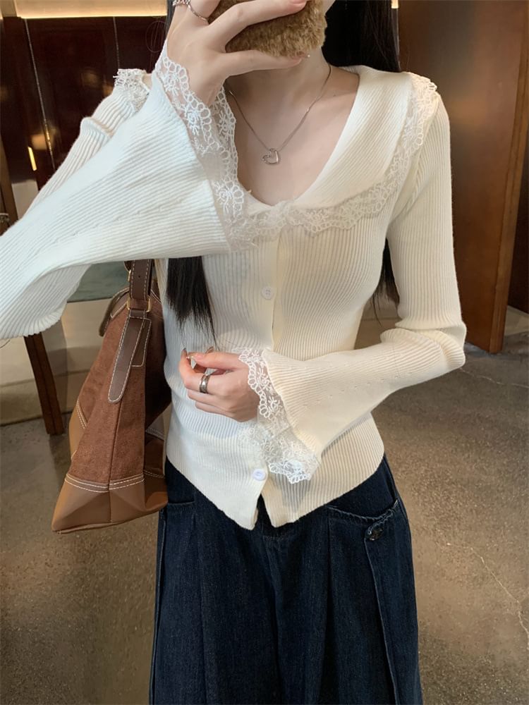 Collar Lace Trim Ribbed Knit Long-Sleeve Top