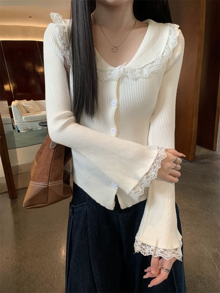 Collar Lace Trim Ribbed Knit Long-Sleeve Top