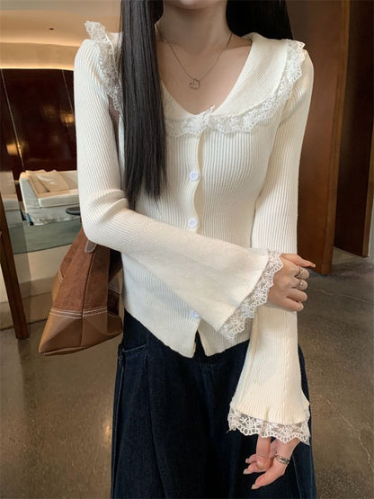 Collar Lace Trim Ribbed Knit Long-Sleeve Top