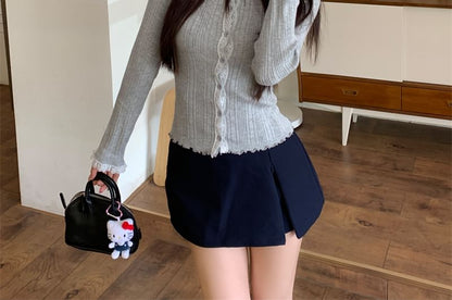 Crew Neck Lace Trim Lettuce Edge Button-Up Crop Cardigan