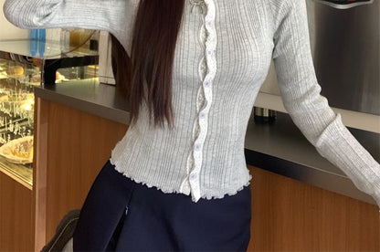 Crew Neck Lace Trim Lettuce Edge Button-Up Crop Cardigan