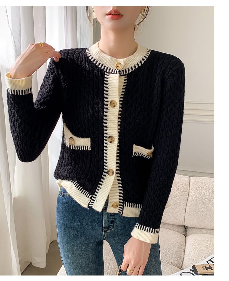 Cable Knit Contrast Trim Button-Up Cardigan