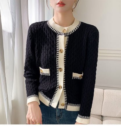 Cable Knit Contrast Trim Button-Up Cardigan