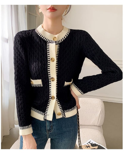 Cable Knit Contrast Trim Button-Up Cardigan
