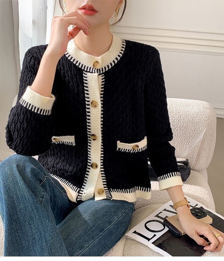 Cable Knit Contrast Trim Button-Up Cardigan