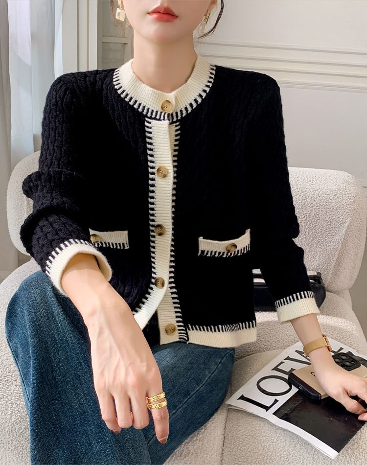 Cable Knit Contrast Trim Button-Up Cardigan