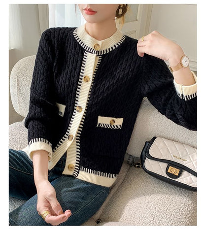 Cable Knit Contrast Trim Button-Up Cardigan