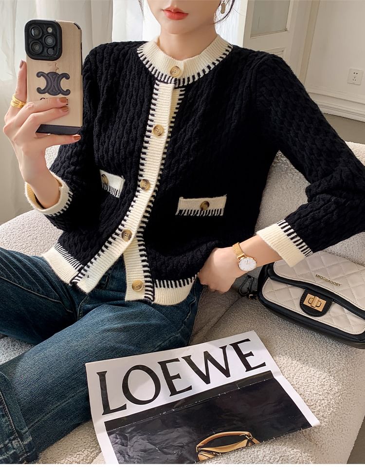 Cable Knit Contrast Trim Button-Up Cardigan