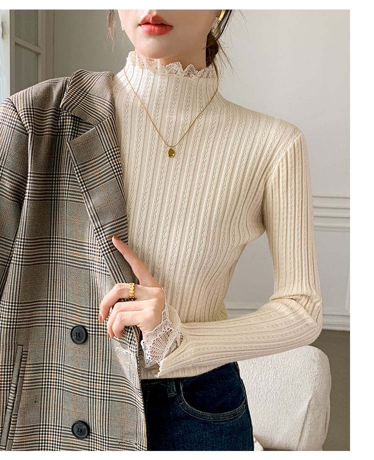 Mock Neck Lace Detail Fitted Long Sleeve Knitwear