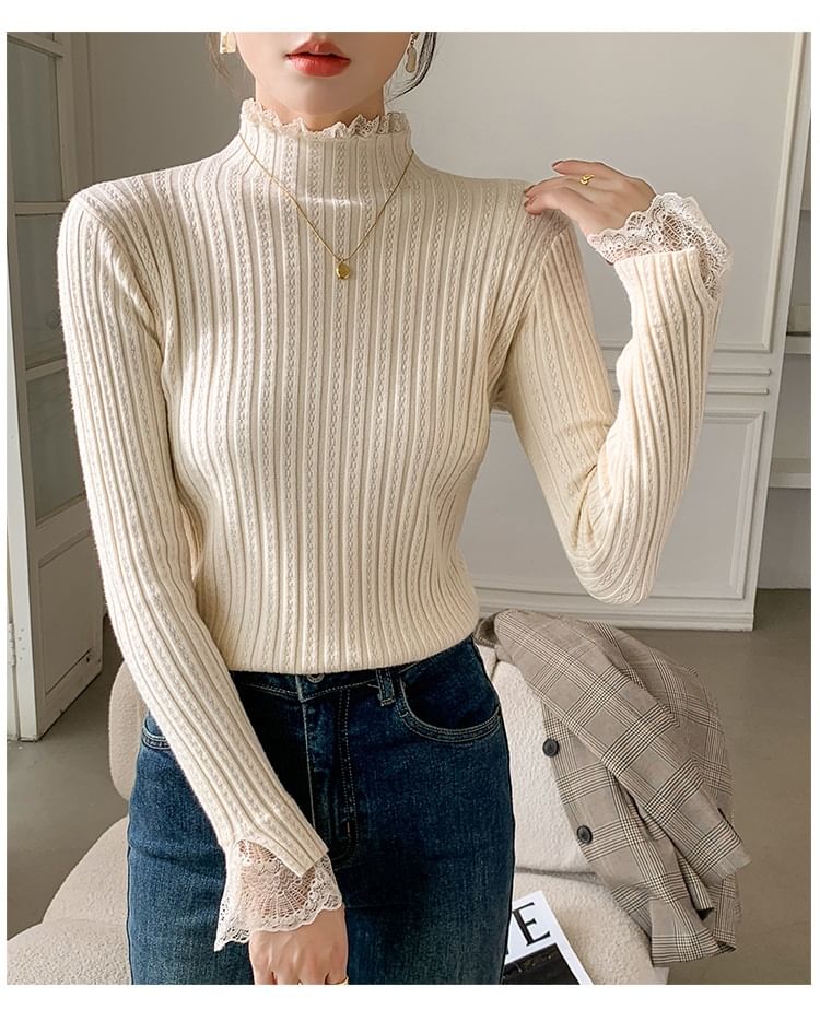 Mock Neck Lace Detail Fitted Long Sleeve Knitwear