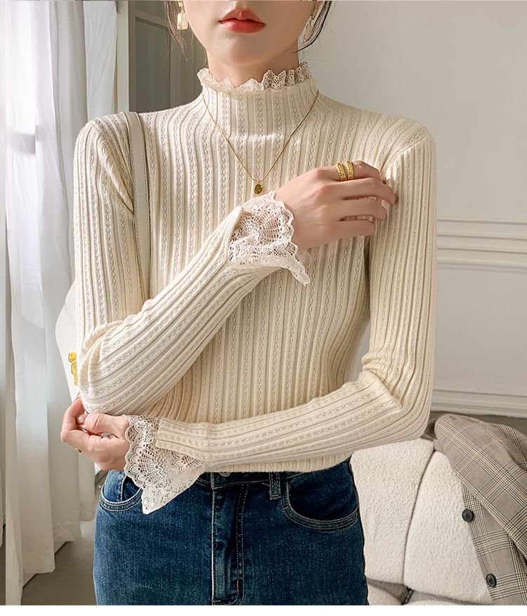 Mock Neck Lace Detail Fitted Long Sleeve Knitwear