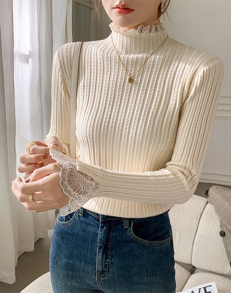 Mock Neck Lace Detail Fitted Long Sleeve Knitwear