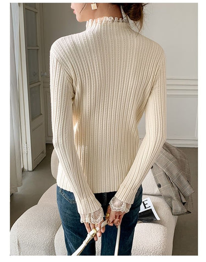 Mock Neck Lace Detail Fitted Long Sleeve Knitwear