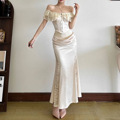 Ruffle Off-Shoulder Bustier with Lace Mermaid Skirt