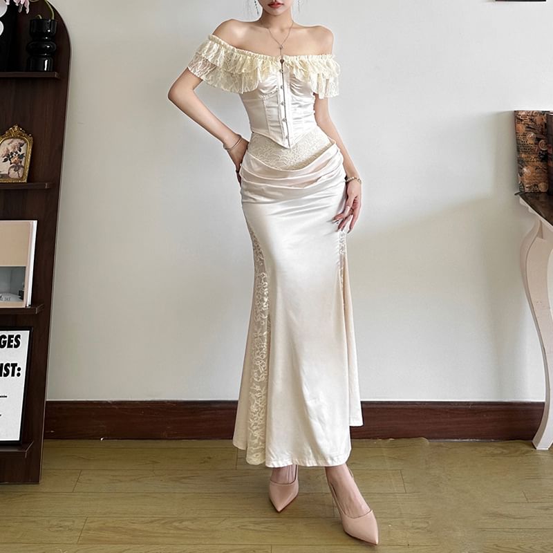 Ruffle Off-Shoulder Bustier with Lace Mermaid Skirt