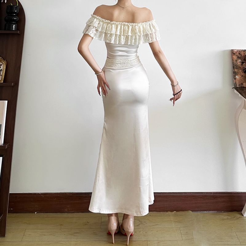 Ruffle Off-Shoulder Bustier with Lace Mermaid Skirt