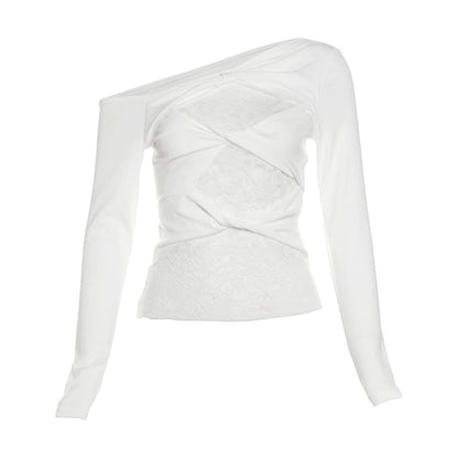 Off-Shoulder Lace Insert Long-Sleeve Tee