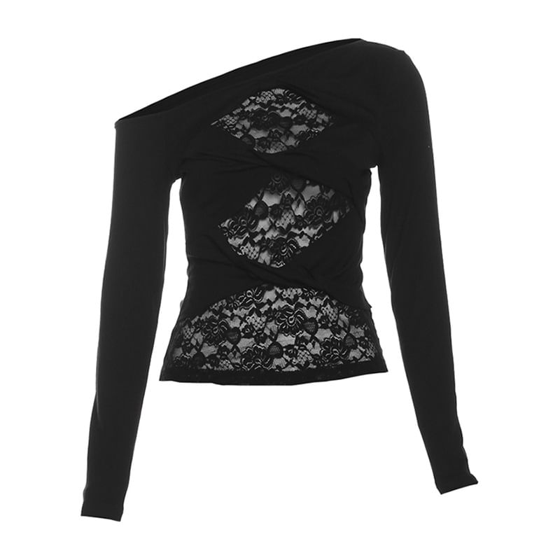 Off-Shoulder Lace Insert Long-Sleeve Tee