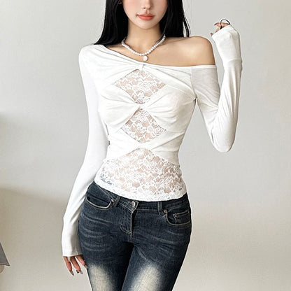 Off-Shoulder Lace Insert Long-Sleeve Tee