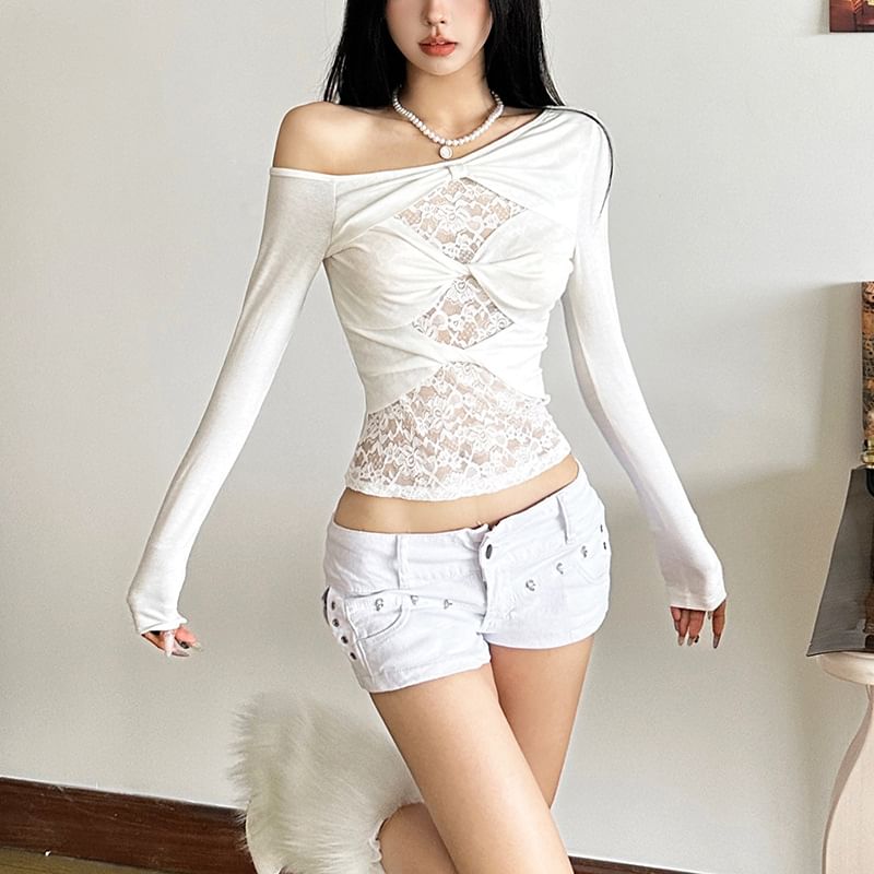Off-Shoulder Lace Insert Long-Sleeve Tee