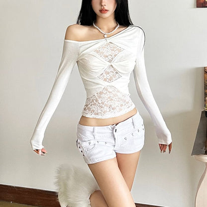 Off-Shoulder Lace Insert Long-Sleeve Tee