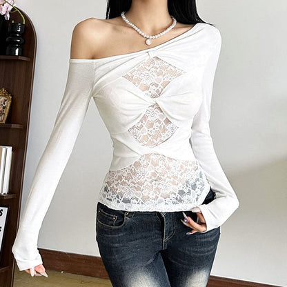 Off-Shoulder Lace Insert Long-Sleeve Tee