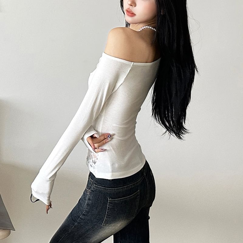 Off-Shoulder Lace Insert Long-Sleeve Tee