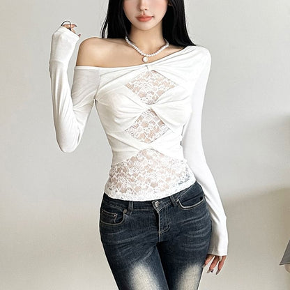 Off-Shoulder Lace Insert Long-Sleeve Tee