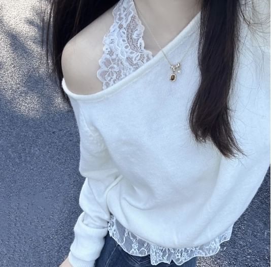 Off-Shoulder Halter Lace Crop Knit with Long Sleeves