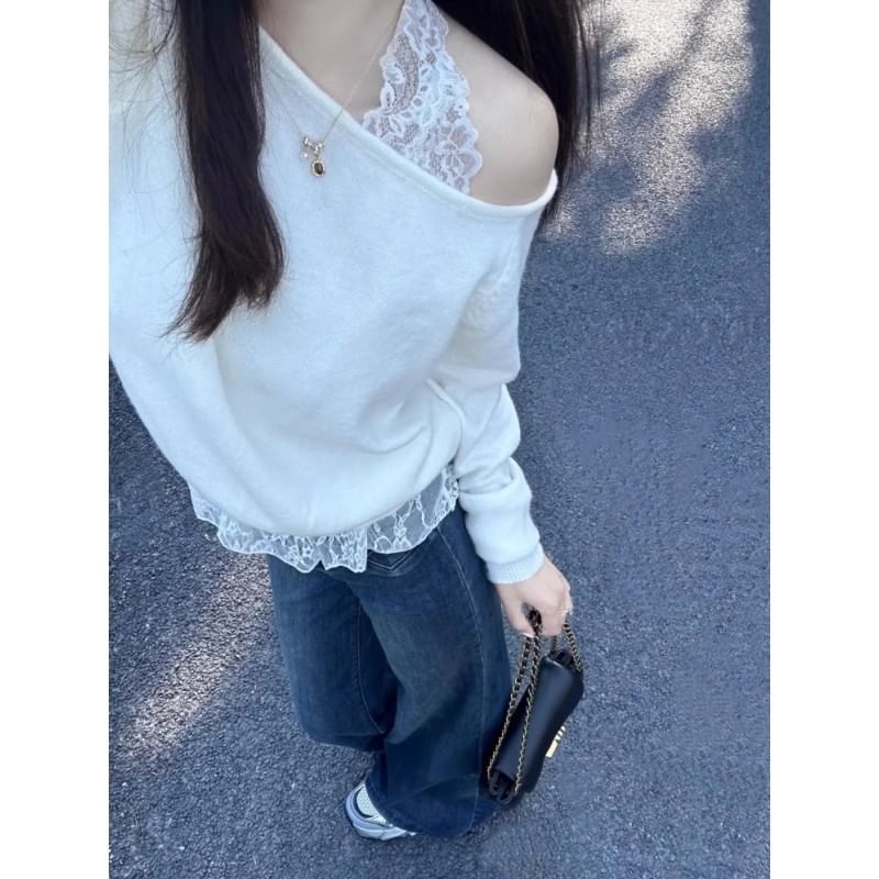 Off-Shoulder Halter Lace Crop Knit with Long Sleeves