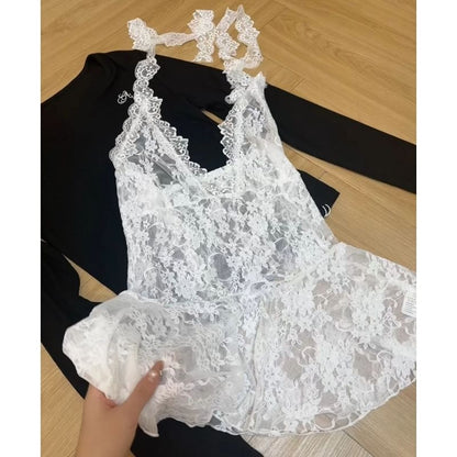 Off-Shoulder Halter Lace Crop Knit with Long Sleeves