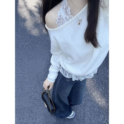 Off-Shoulder Halter Lace Crop Knit with Long Sleeves
