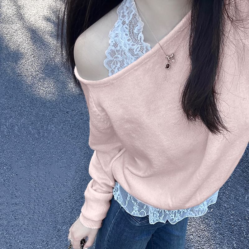 Off-Shoulder Halter Lace Crop Knit with Long Sleeves