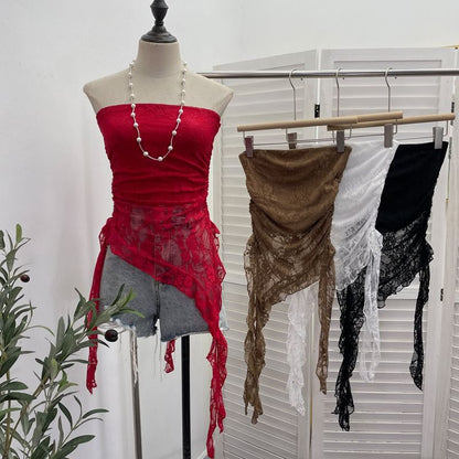 Asymmetric Lace Insert Strapless Crop Top
