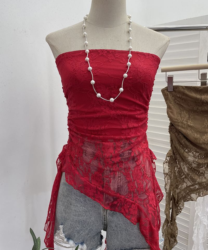 Asymmetric Lace Insert Strapless Crop Top