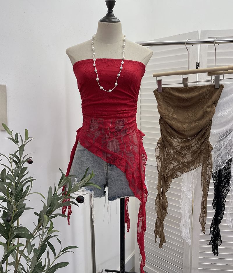 Asymmetric Lace Insert Strapless Crop Top