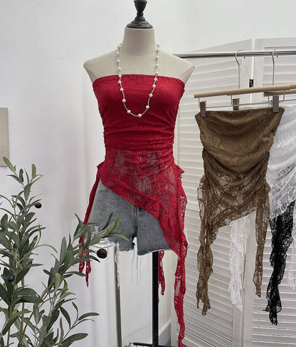 Asymmetric Lace Insert Strapless Crop Top