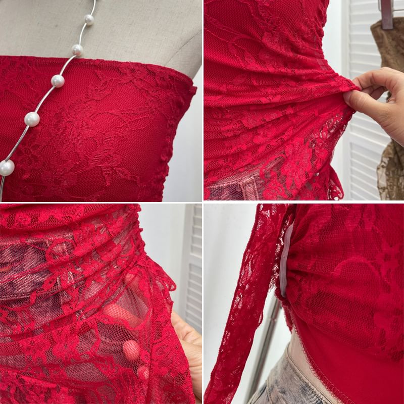 Asymmetric Lace Insert Strapless Crop Top