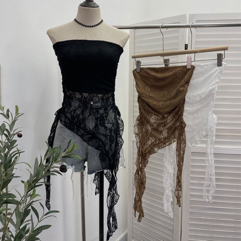 Asymmetric Lace Insert Strapless Crop Top