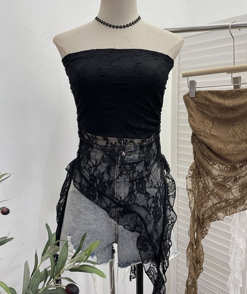 Asymmetric Lace Insert Strapless Crop Top