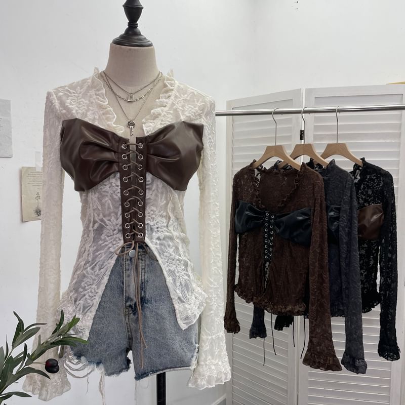 Faux Leather Lace V-Neck Long-Sleeve Top