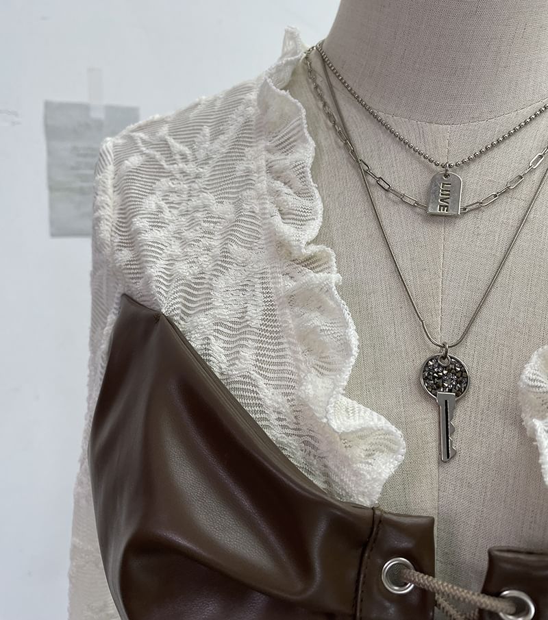 Faux Leather Lace V-Neck Long-Sleeve Top