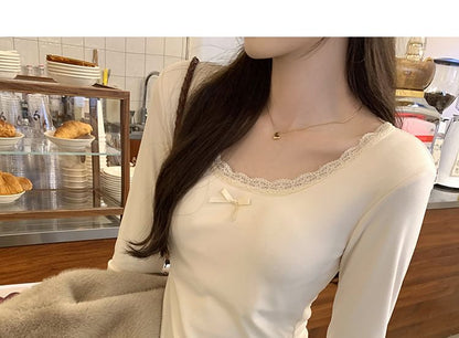 Scoop Neck Lace-Trim Long-Sleeve T-Shirt