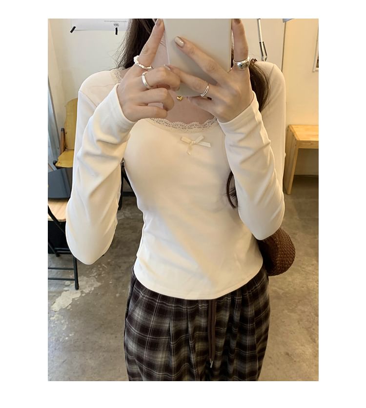 Scoop Neck Lace-Trim Long-Sleeve T-Shirt