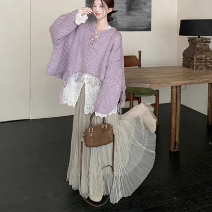 Asymmetrical Fringe Henley Sweater and Crinkle Maxi Skirt Set